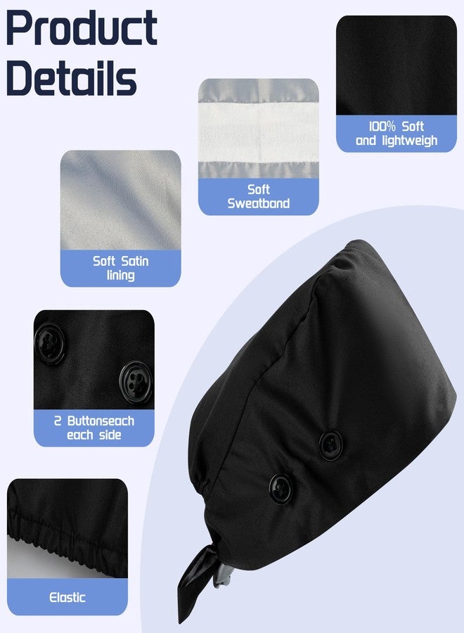 MISAKTEAM Scrub Cap Men Satin Lined Surgical Caps for Women Scrub Hats Mens Nurse Cap Silk Dental Surgeon Bonnet with 4 Buttons Fall Black - Image 2